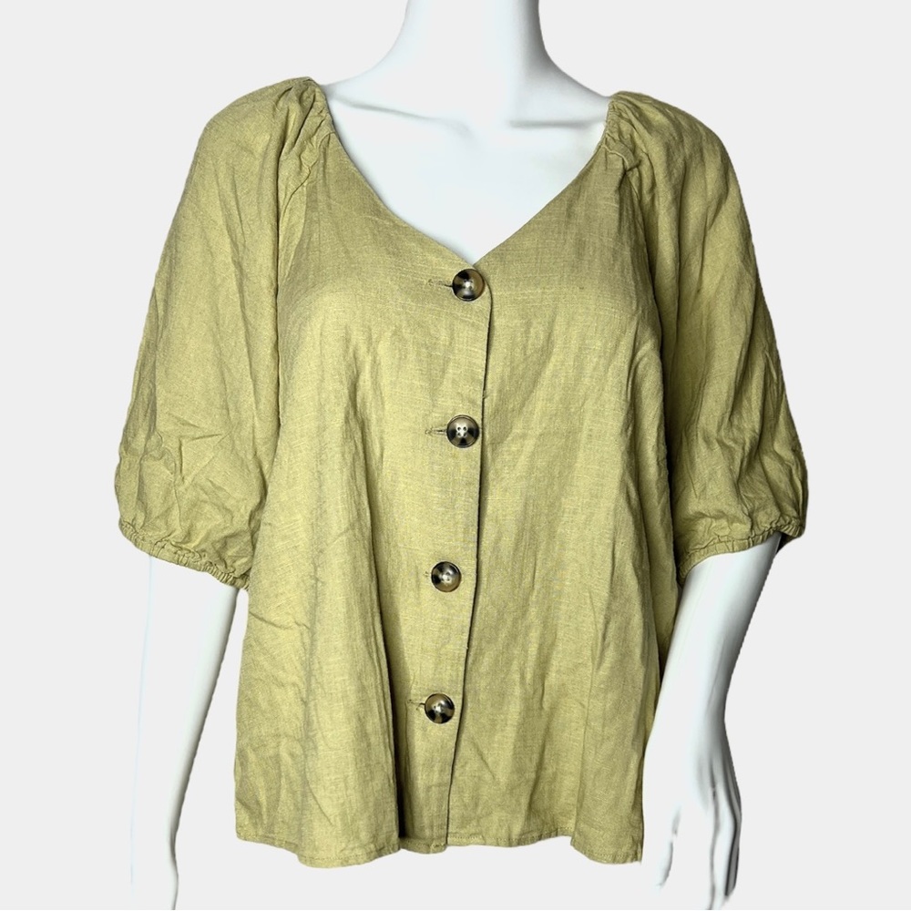 Harper Blouse Tan Yellow Linen Cotton Blend‎ Short Sleeve Puff Sleeve Medium